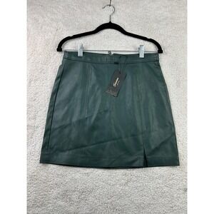 Shinestar Skirt Womens Medium Green‎ Vegan Leather Faux Mini Zip Front Lined New